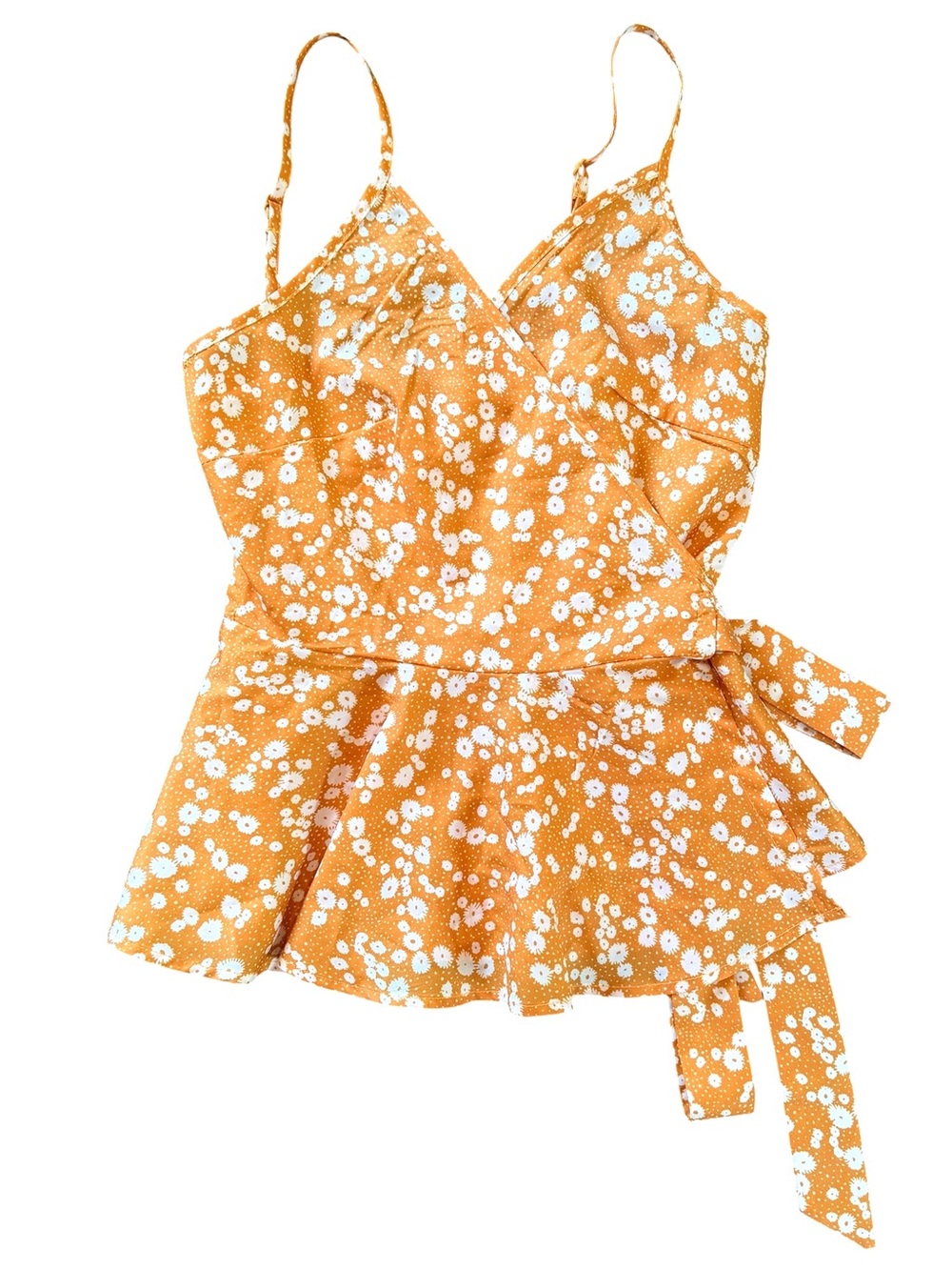 Shein Womens XS Cami Tank Top MOD Side Tie Ditsy Floral Orange Adjustable Straps